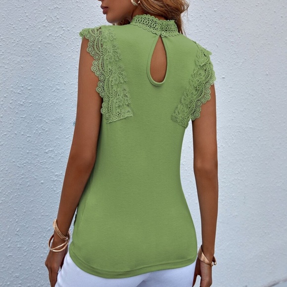 Bohemian Baby Blue Lace Mock neck Sleeveless Tank Top - Picture 6 of 11